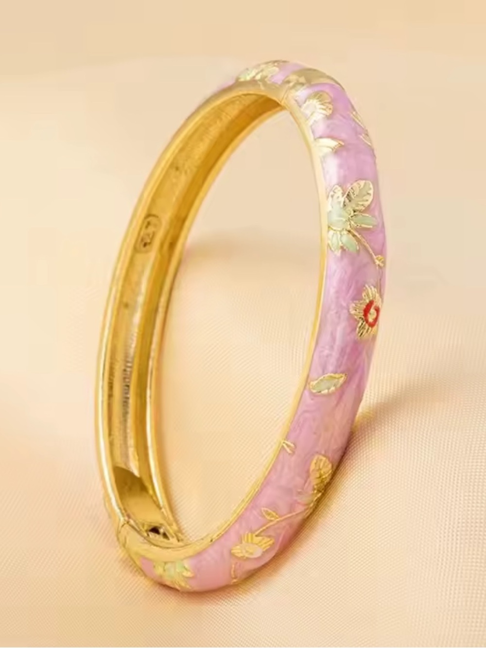 Gold-Tone Pink Enamel Floral Bangle Bracelet